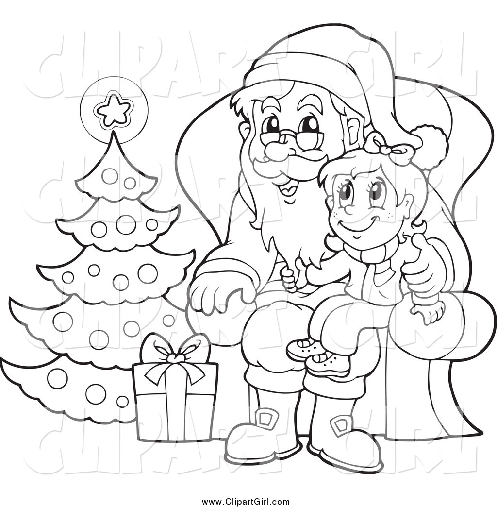 Clip Art of a Black and White Christmas Girl Sitting on Santas Lap by visekart - #5583