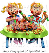 Clip Art of a 3d Boy and Girl Twins Making a Mess During a Spaghetti Dinner by