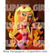 Clip Art of a 3d Devil Paris Hilton Caricature Holding Her Dog over Flames by