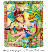 Clip Art of a 3d Relaxing Girl Reading a Book and Imagining Shes in a Jungle with a Toucan and Monkey by