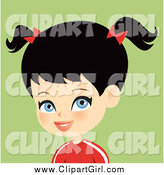 Clip Art of a Blue Eyed, Black Haired Girl in a Red Shirt, Wearing Bows in Her Pig Tails by Monica