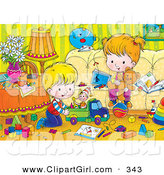 Clip Art of a Brother and Sister Playing with Toys in a Messy House by Alex Bannykh