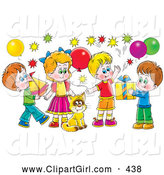 Clip Art of a Cat Surrounded by Children and Balloons at a Colorful Birthday Party by Alex Bannykh