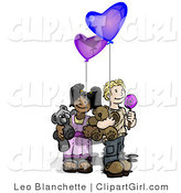 Clip Art of a Caucasian Boy Holding a Lolipop Sucker, Blue Balloon and a Teddy Bear Wile Standing by an African American Girl Holding a Purple Balloon and Teddy Bear by Leo Blanchette