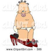 Clip Art of a Caucasian Curly Haired Baby Girl in a Diaper, Walking in High Heels by Djart