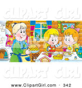 Clip Art of a Cheerful Boy and Girl at a Table, Eating Fresh Food Made by Grandma by Alex Bannykh