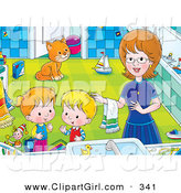 Clip Art of a Cheerful Mom Helping Her Children Get Cleaned up in a Bathroom, a Cat Watching in the Background by Alex Bannykh