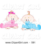 Clip Art of a Couple of Babies - Twin Baby Boy and Girl with Pacifiers, Trying to Crawl by Pushkin