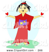 Clip Art of a Cute and Friendly Japanese Girl in a Red and Purple Kimono, Holding up a Red Heart by