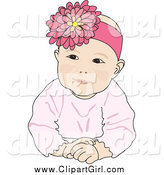 Clip Art of a Cute Caucasian Baby Girl Wearing a Flower Head Band and Posing by Pams Clipart