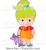 Clip Art of a Cute Green Haired Caucasian Girl Carrying a Purple Teddy Bear by Maria Bell