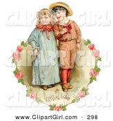 Clip Art of a Cute Vintage Valentine of a Sweet Little Boy and Girl Strolling Arm in Arm, Looking off to the Side, Circled by a Heart of Pink Roses Circa 1886 by OldPixels