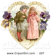 Clip Art of a Cute Vintage Valentine of a Sweet Little Boy Trying to Woo a Little Girl in a Heart of Leaves and Pansy Flowers, Circa 1890 by OldPixels
