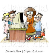 Clip Art of a Female Teacher Sitting at a Computer, Surrounded by School Kids in a Classroom Environment by Djart