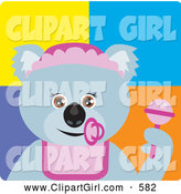 Clip Art of a Friendly Koala Bear Baby Girl Character with Pacifier and Rattle by Dennis Holmes Designs