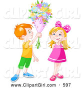 Clip Art of a Grinning Red Haired Boy Holding a Flower Bouquet over a Little Girl by Pushkin