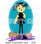 Clip Art of a Happy and Smiling Girl with Black Hair, Walking Two Dogs on Leashes by