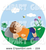 Clip Art of a Happy Little Caucasian Boy Lying in Flowers in the Grass in a Park, Chewing on Grass and Watching a Bee Fly past on a Pretty Spring Day by Vitmary Rodriguez