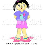 Clip Art of a Happy Little Tan Girl in a Pink Skirt and Purple Shirt with a Kitty Cat on It, Standing with Her Hands Behind Her Back by