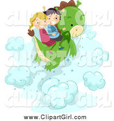 Clip Art of a Happy Stick Kids Flying on a Dragon by BNP Design Studio