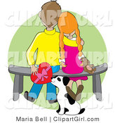 Clip Art of a Sweet Boy Sitting on a Bench Beside His Red Haired Girlfriend Who Is Resting Her Head on His Shoulder near Her Dog by Maria Bell