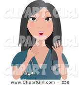 Clip Art of a Talkative Asian Doctor Woman, Nurse or Veterinarian with Long Black Hair, Wearing Teal Scrubs and a Stethoscope Around Her Neck, Gesturing with Her Hands by Maria Bell