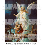 Clip Art of a Touching Vintage Valentine of a Female Guardian Angel Protecting a Little Girl and Her Brother As They Cross over a River on a Narrow Broken Bridge, Circa 1890 by OldPixels