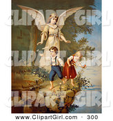 Clip Art of a Touching Vintage Valentine of a Female Guardian Angel Watching over a Little Boy and Girl As They Pick Flowers and Chase Butterflies at the Edge of a Cliff, Circa 1890 by OldPixels