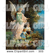 Clip Art of a Touching Vintage Valentine of a Female Guardian Angel Watching over Two Little Children As They Play with a Ball and Hoop at the Edge of a Cliff, Circa 1890 by OldPixels