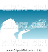 Clip Art of a White Silhouetted Woman or Girl Blowing Snow out of Her Hand over a Gradient Blue Winter Background by KJ Pargeter