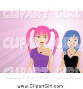 Clip Art of Manga Girls in Purple and Black Dresses, over a Pink Background by Elaineitalia