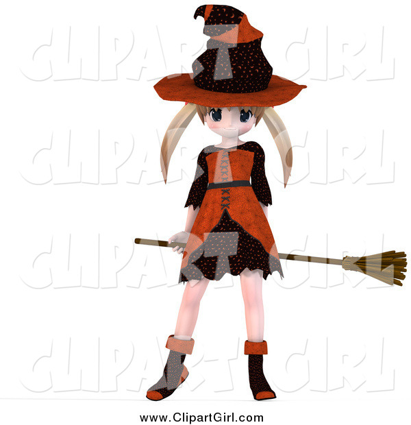 Clip Art of a 3d Blond Caucasian Witch Girl Flying on Her Broom