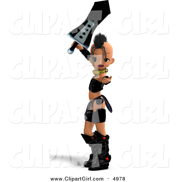 Clip Art of a 3d Punk Knight Girl Holding a Sword