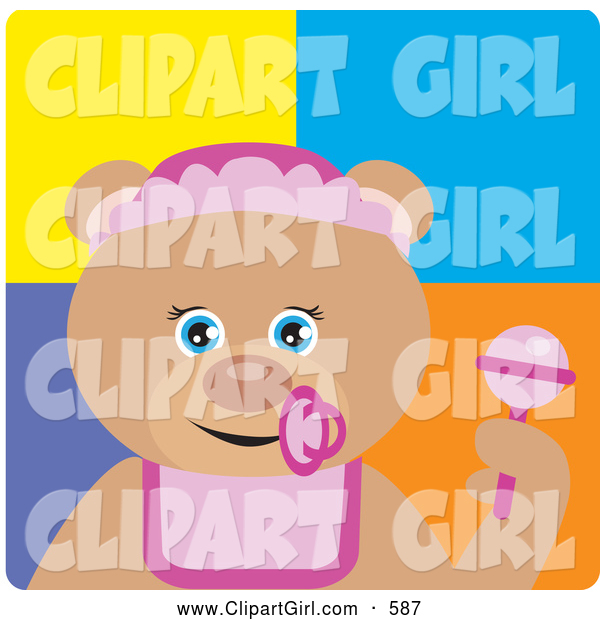 Clip Art of a Baby Girl Teddy Bear Character with Rattle
