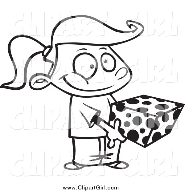 Clip Art of a Black and White Girl Holding a Gift Box