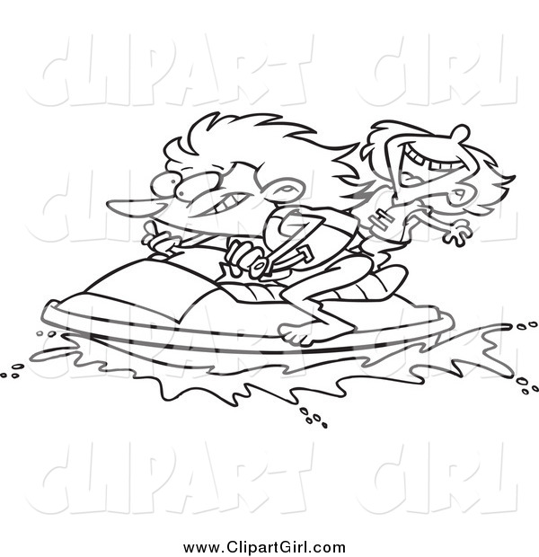 Clip Art of a Black and White Mother and Daughter Riding a Jet Ski