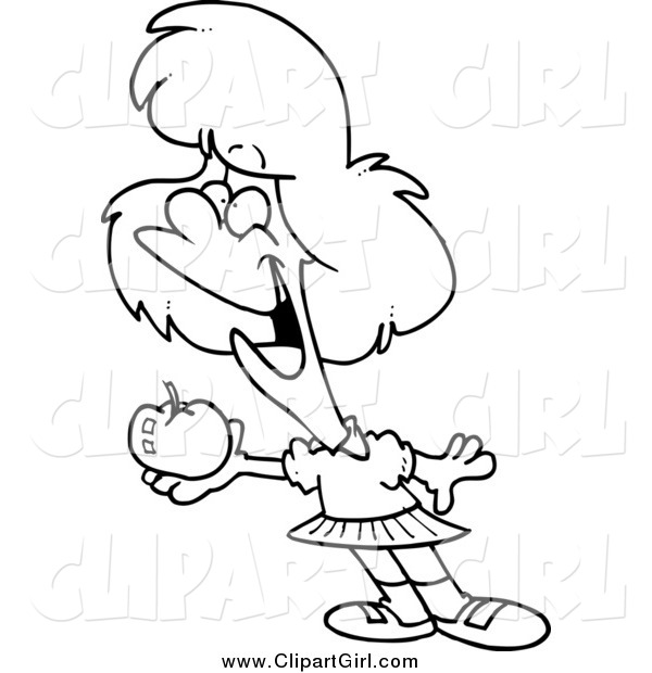 Clip Art of a Black and White School Girl Holding an Apple