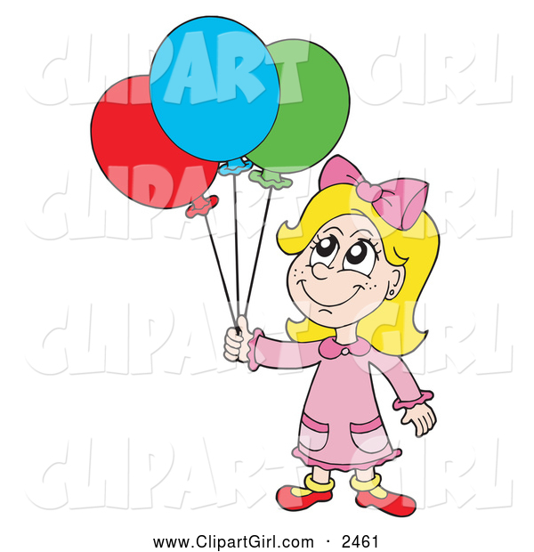 Clip Art of a Blond Birthday Girl with Balloons