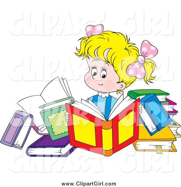 Clip Art of a Blond Caucasian Girl Reading Books