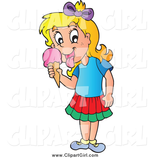 Clip Art of a Blond Girl Licking an Ice Cream Cone