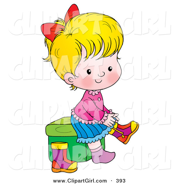 Clip Art of a Blond Girl Sitting on a Stool and Putting Her Boots on on White