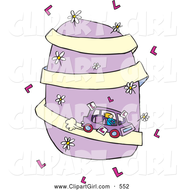 Clip Art of a Blond Teenage Girl Driving a Car down a Purple Hill Covered in Flowers, on a White Background