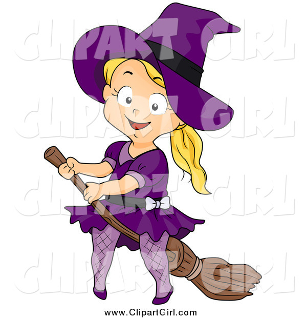 Clip Art of a Blond White Halloween Girl Witch on a Broomstick
