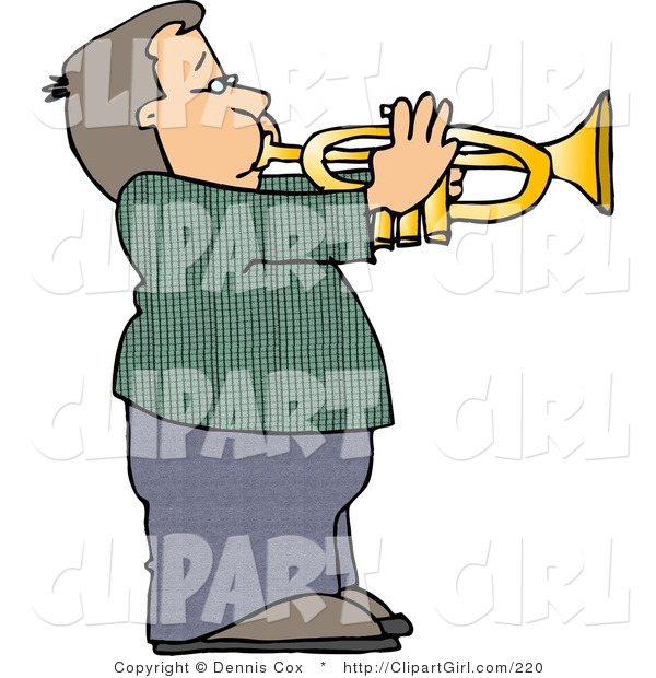 Clip Art of a Boy Playing Music Through a Brass Trumpet