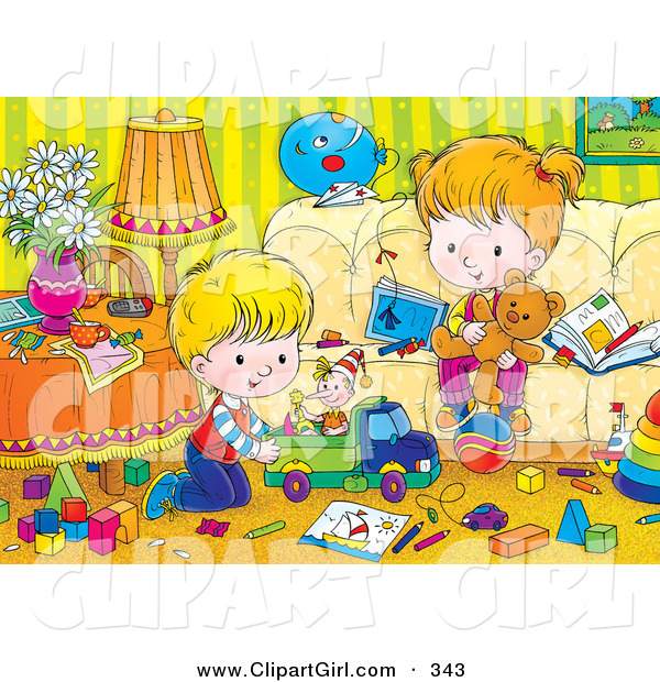 Clip Art of a Brother and Sister Playing with Toys in a Messy House