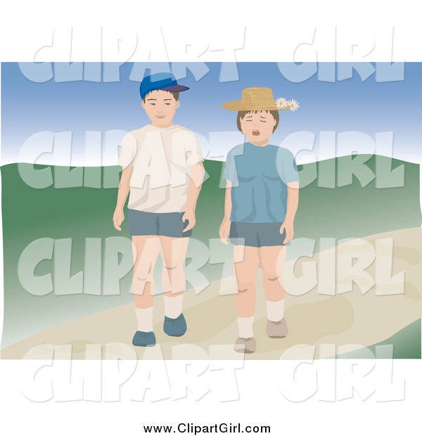 Clip Art of a Brother and Sister Walking down a Path