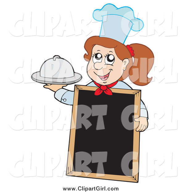 Clip Art of a Brunette White Chef Girl Holding a Platter by a Blank Menu Board