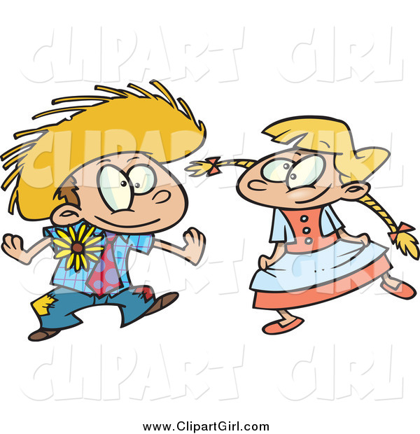 Clip Art of a Cartoon Blond Boy and Girl Dancing at a Fiesta