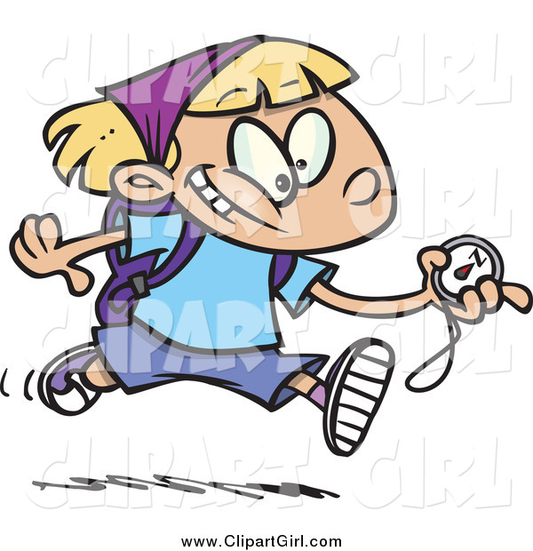 Clip Art of a Cartoon White Hiker Girl Running with a Compass