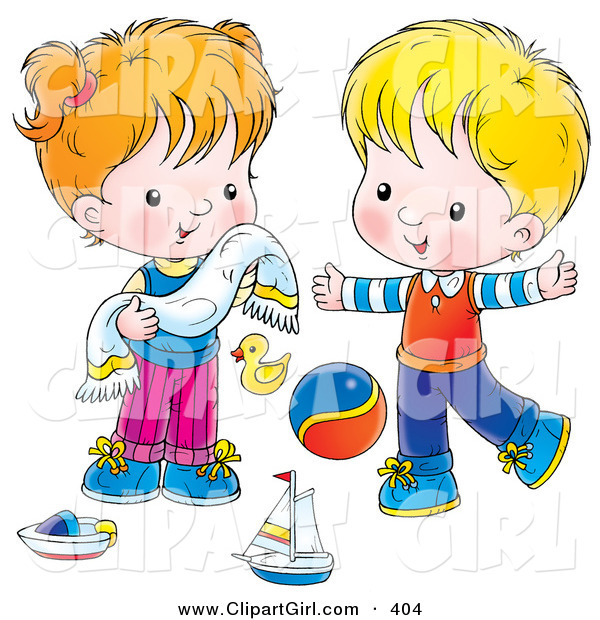 Clip Art of a Cheerful Little Girl Drying Her Face with a Towel While Playing with Toys with Her Brother